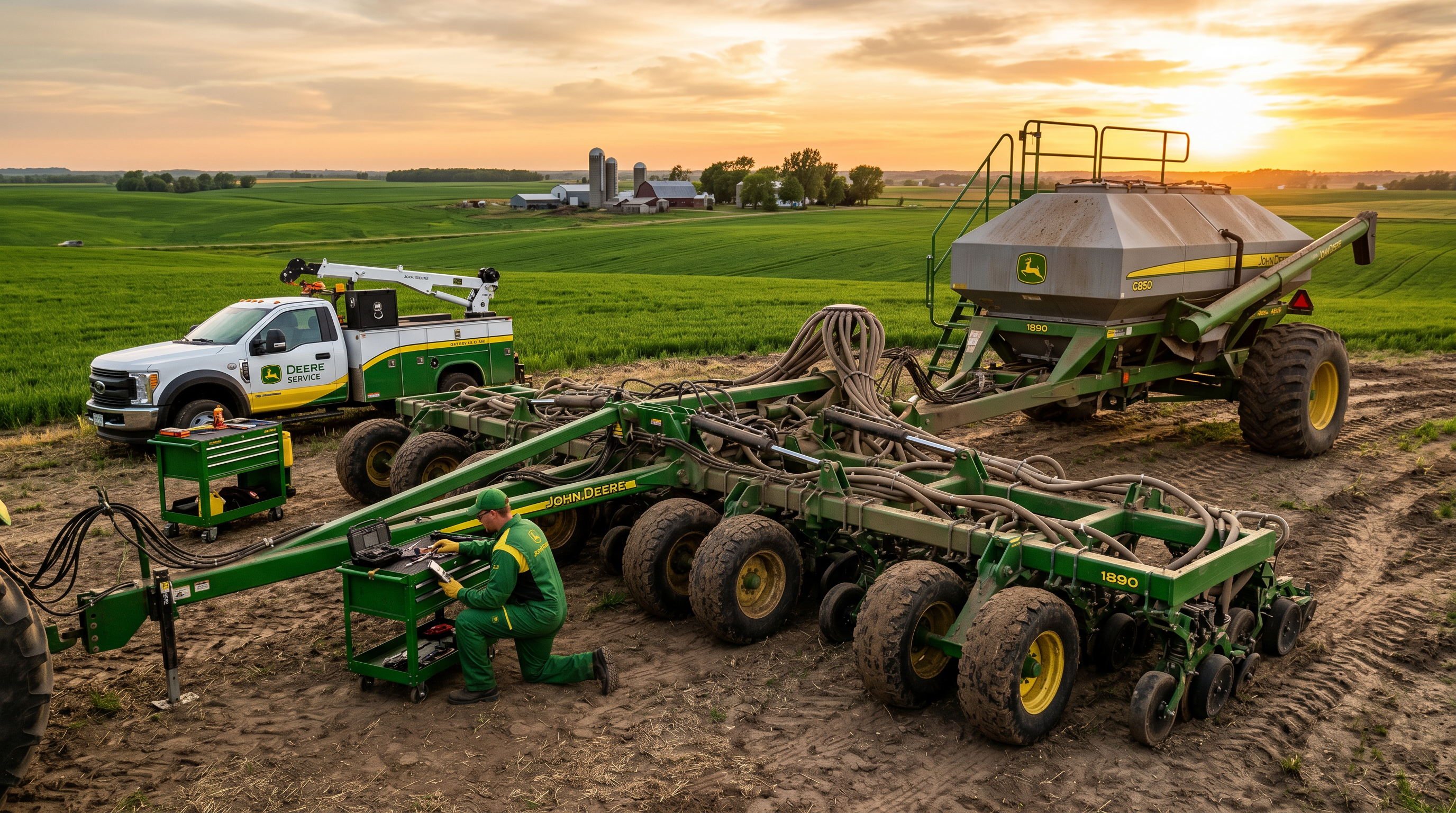 John Deere air seeder being serviced in a Minnesota field at golden hour