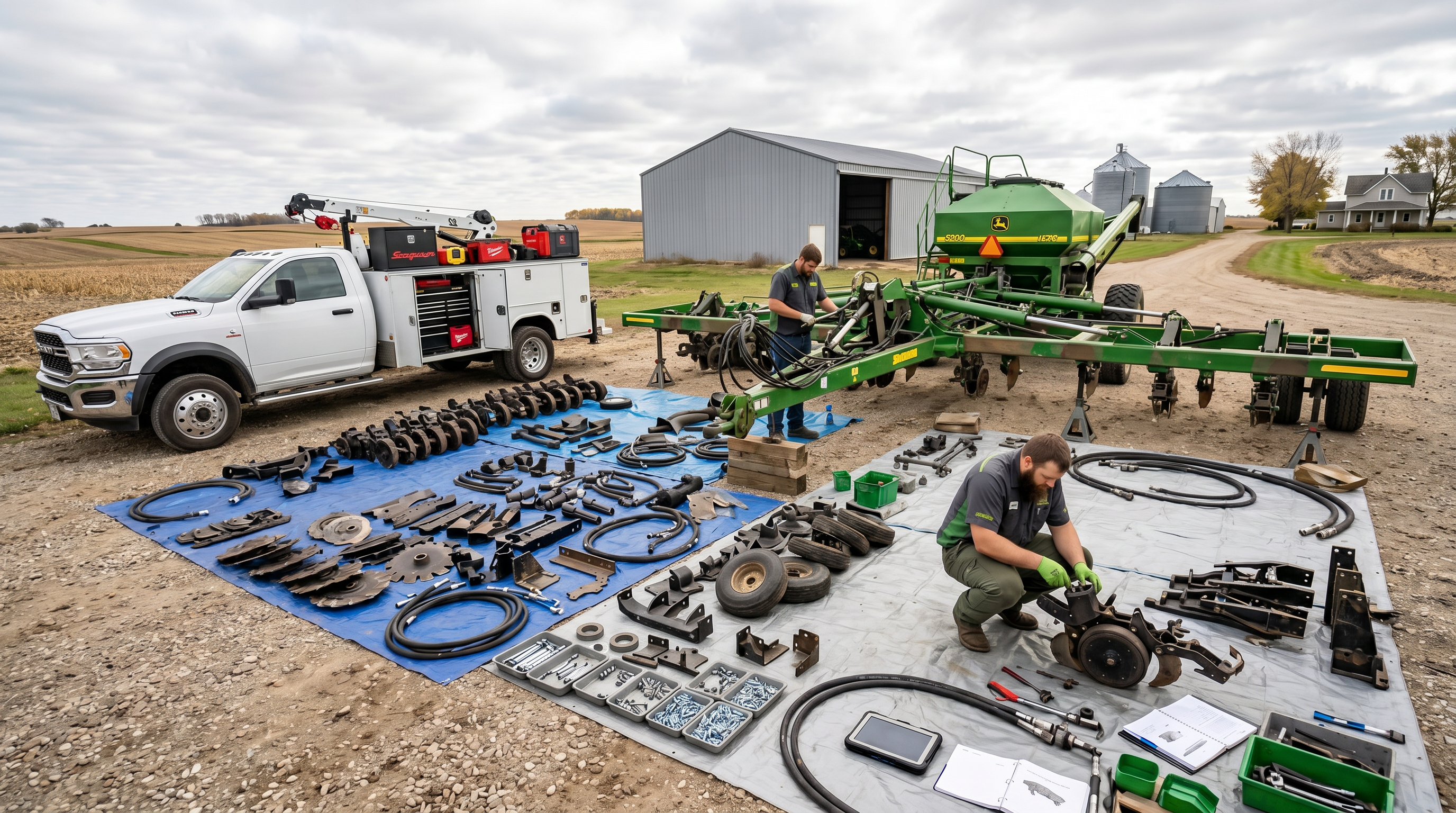 Two technicians performing full air seeder reconditioning at a Minnesota farm