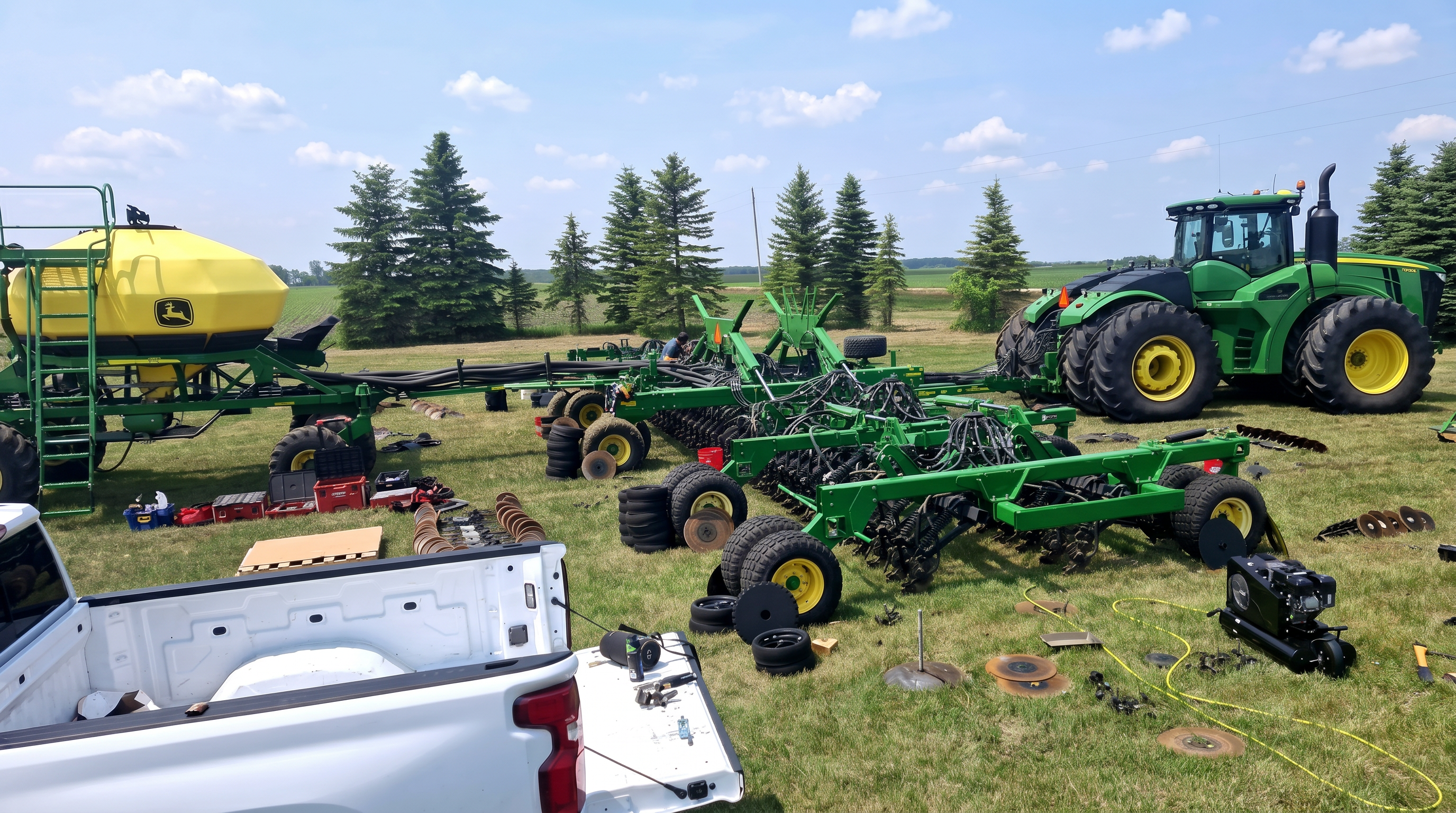 John Deere air seeder fully disassembled in a Minnesota field during reconditioning